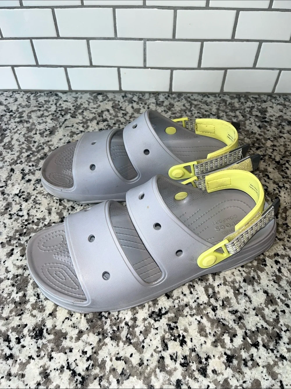 CROCS mens Gray Sport Sandals with Neon Yellow Heel Strap
